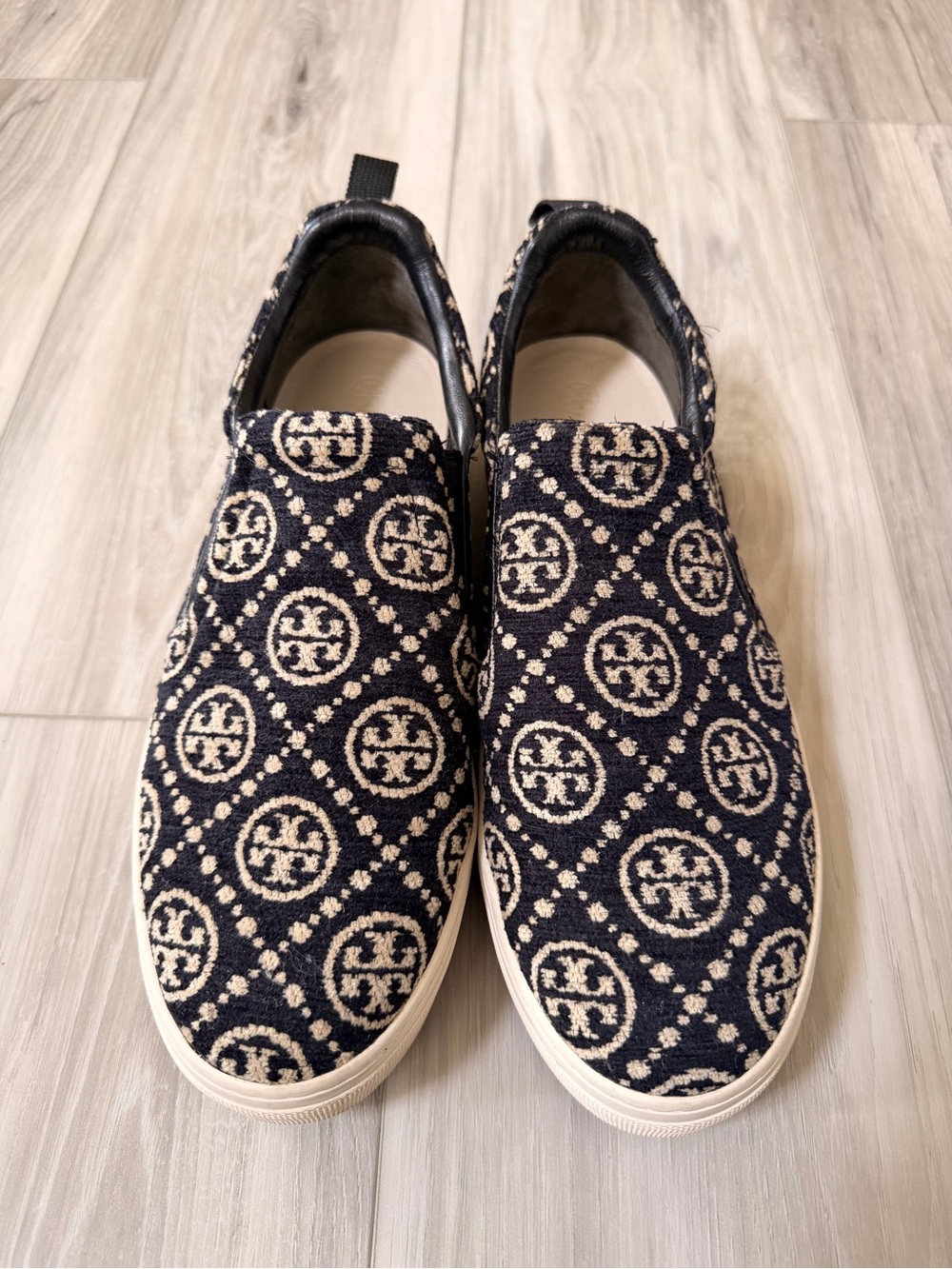 Tory Burch Black Ivory Jacquard Logo Slip On Sneakers Size 10